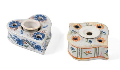 null Two earthenware inkwells with polychrome floral decoration, one heart-shaped,...