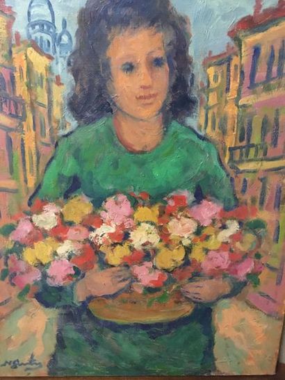 null Femme au bouquet de fleurs à Montmartre Huile sur toile 61 x 46 cm