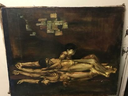 null Ecole moderne Trois nus masculins sur fond abstrait Huile sur toile 73 x 93...