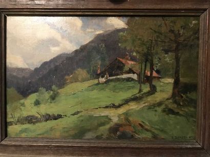 null DAMERON Emile Charles (1848-1908) Paysage de montagne à la ferme Huile sur panneau,...