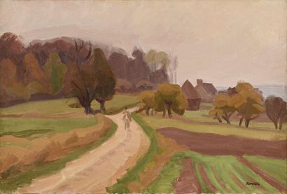 null Jules Emile ZINGG (1882-1942) Chemin et meule à l’entrée du village. Huile sur...