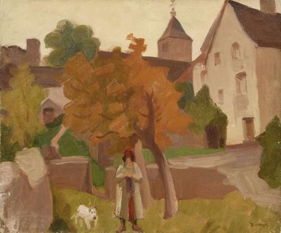 null Jules Emile ZINGG (1882-1942) Femme et son chien à Amondans, Franche Comté Huile...