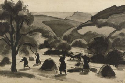 null Jules Emile ZINGG (1882-1942) Glaneuses dans un champs Pinceau et encre de Chine....