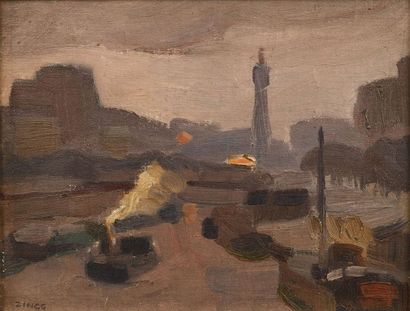 null Jules Emile ZINGG (1882-1942) Le bassin de l’Arsenal et la colonne de la Bastille...