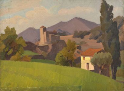 null Jules Emile ZINGG (1882-1942) Paysage à l’église romane Huile sur toile. Porte...