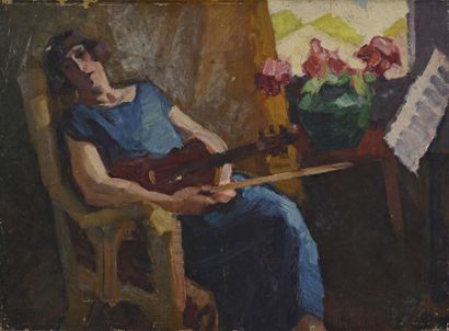null Jules Emile ZINGG (1882-1942) Mme Zingg au violon alto Huile sur toile. Signée...