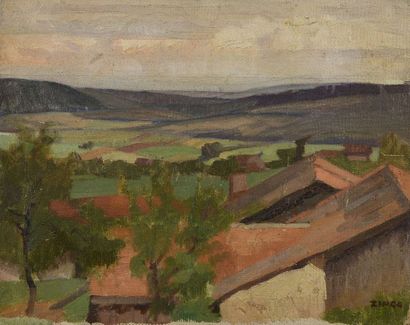 null Jules Emile ZINGG (1882-1942) Les toits et le vallon Huile sur carton toilé....