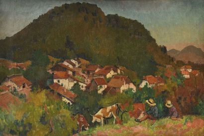 null Jules Emile ZINGG (1882-1942) Troupeau avec les enfants du peintre sur les hauteurs...
