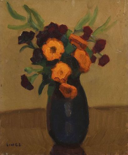 null Jules Emile ZINGG (1882-1942) Soucis au vase bleu, 1931 Huile sur panneau. Signée...