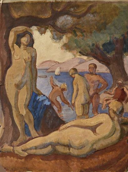 null Jules Emile ZINGG (1882-1942) Baigneuses et baigneurs Huile sur papier fort....