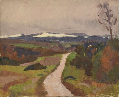 null Jules Emile ZINGG (1882-1942) Paysage au chemin et montagnes enneigées. Huile...