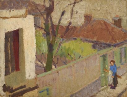 null Jules Emile ZINGG (1882-1942) Paysanne à l’entrée du jardin Huile sur carton....