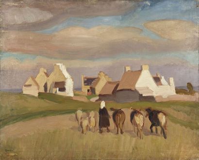 null Jules Emile ZINGG (1882-1942) Paysanne et son troupeau, village breton Huile...