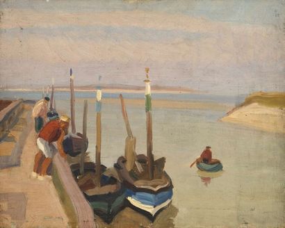 null Jules Emile ZINGG (1882-1942) La jetée, port du Hourdel Huile sur toile. Porte...