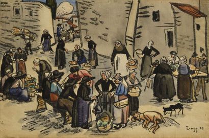 null Jules Emile ZINGG (1882-1942) Marché dans un village breton Aquarelle pinceau...