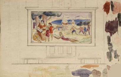 null Jules Emile ZINGG (1882-1942) Famille sur une plage (projet de décor) 13 x 24...