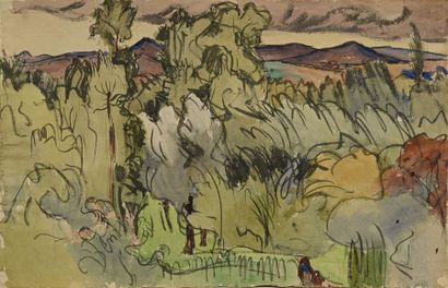 null Jules Emile ZINGG (1882-1942) Ensemble de 2 aquarelles Paysage aux arbres Porte...