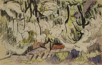 null Jules Emile ZINGG (1882-1942) Ensemble de 2 aquarelles Paysage aux arbres Porte...