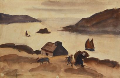 null Jules Emile ZINGG (1882-1942) Maison et paysans, bord de mer en Bretagne Aquarelle....
