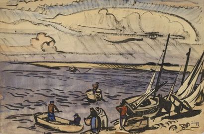 null Jules Emile ZINGG (1882-1942) Pêcheurs en bord de mer Aquarelle et encre signée...