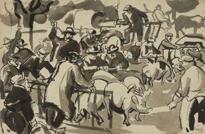 null Jules Emile ZINGG (1882-1942) Le marché aux cochons Pinceau et encre de Chine....