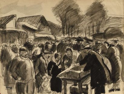 null Jules Emile ZINGG (1882-1942) Foule sur le marché Crayon et encre signée d’un...