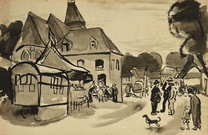 null Jules Emile ZINGG (1882-1942) Ensemble de 10 pinceaux et encre. Scène de village,...