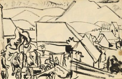 null Jules Emile ZINGG (1882-1942) Scènes de labour Quatre pinceaux et encre de Chine....