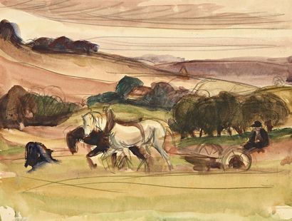 null Jules Emile ZINGG (1882-1942) Attelage de chevaux dans la campagne Aquarelle...