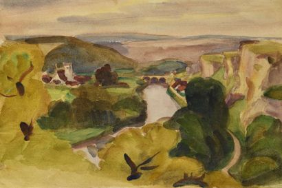 null Jules Emile ZINGG (1882-1942) Ensemble de deux aquarelles et pinceaux. Vallée...