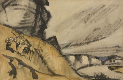 null Jules Emile ZINGG (1882-1942) Ensemble de deux aquarelles et pinceaux. Vallée...