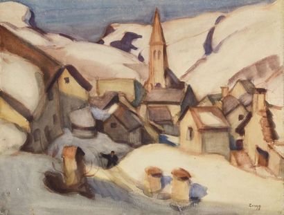 null Jules Emile ZINGG (1882-1942) Villar-d’Arène sous la neige Aquarelle signée...