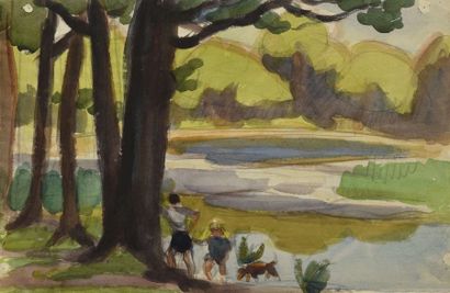 null Jules Emile ZINGG (1882-1942) Les enfants au bord de l’étang Encre et aquarelle....