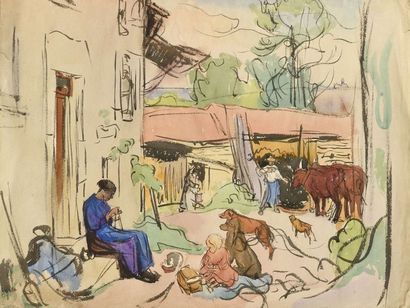 null Jules Emile ZINGG (1882-1942) Famille et tricoteuse dans la cour de ferme Aquarelle,...