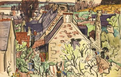 null Jules Emile ZINGG (1882-1942) Les toits du village Aquarelle pinceau et encre....