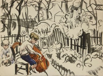 null Jules Emile ZINGG (1882-1942) L’enfant du peintre au violoncelle Aquarelle et...