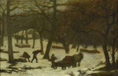 null Jules Emile ZINGG (1882-1942) Bûcherons sous la neige au bois Berçot, 1902 Huile...