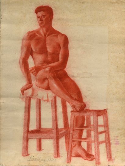 null 16 KIRSCHLEGER (XX) Académie d'homme au tabouret,1933 Sanguine sur papier. Signée...