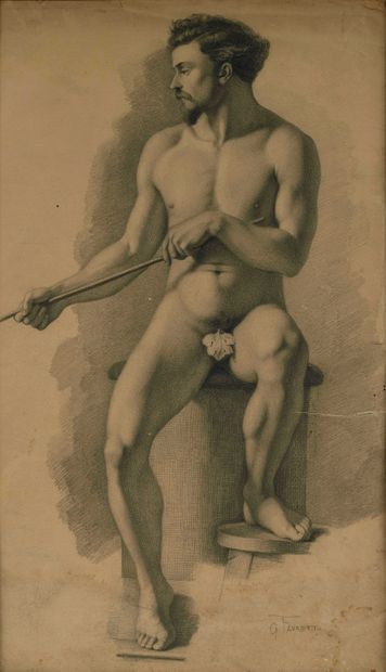 null 5 Giacomo FAVRETTO (1849-1887) Académie d’homme assis tenant un bâton Dessin...