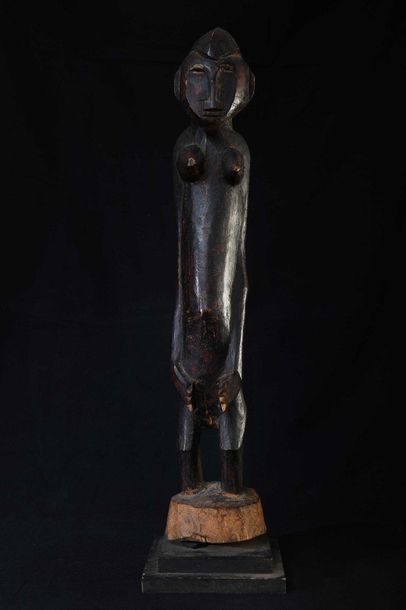 null SENOUFO (Côte d'Ivoire) Grande statue féminine à patine noir laqué Usures et...