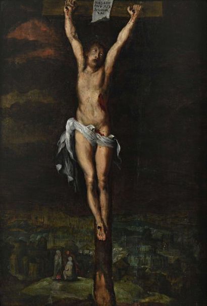 null ÉCOLE FLAMANDE du XVIIe siècle Le Christ en Croix Au sommet de la croix le titulus...
