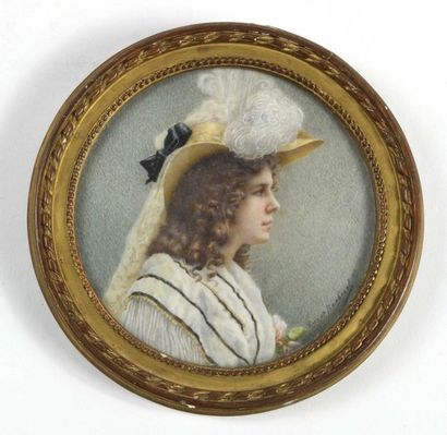 null Mathilde CUROT-BARBEREL (XIXe – XXe) Portrait de femme au chapeau et à la rose....
