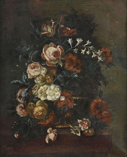 null Ecole française dans le goût du XVIIIème siècle Bouquet de fleurs. Signé en...