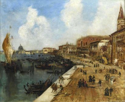 null Edouard Jacques DUFEU (1836-1900) Les quais à Venise Huile sur toile, signée...