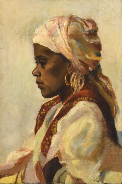 null Ecole orientaliste Femme au turban Huile sur panneau double face. 34 x 23 c...