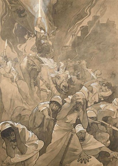 null Alphonse MUCHA (1860-1939) Scène de bataille. Pinceau, Lavis d’encre, rehaut...
