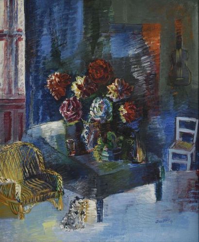 null Jean DUFY (1888-1964) Vase de fleurs dans un intérieur Huile sur toile. Signée...