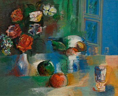 null Jean DUFY (1888-1964) Vase de fleurs et nature morte sur un entablement Huile...