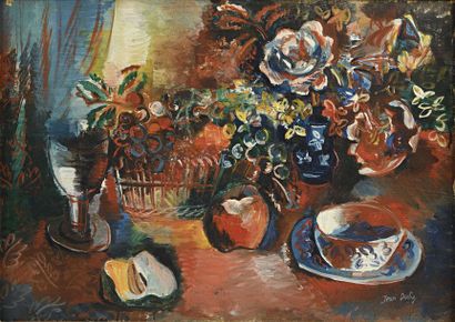 null Jean DUFY (1888-1964) Nature morte à la tasse et au verre Huile sur toile. Signée...