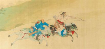 null Chasse au tigre. Peinture sur soie. Chine XIXème siècle. 32.5x162cm